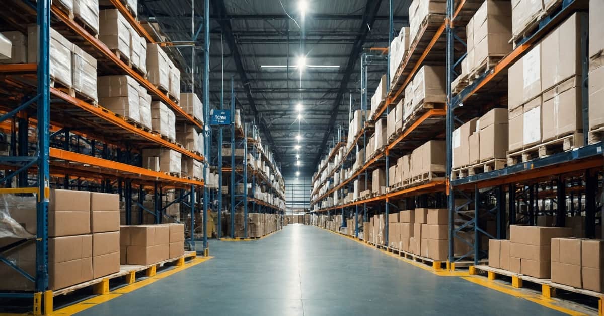 Boxes stacked on shelves in a warehouse