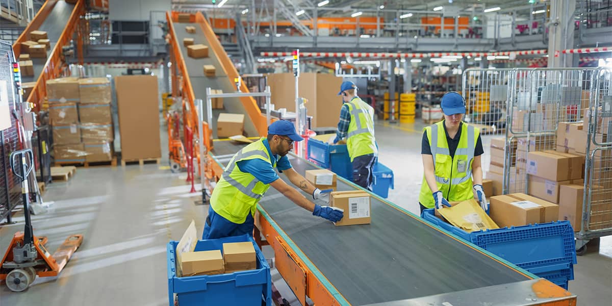 Conveyor belt in a fulfillment warehouse, employees moving boxes