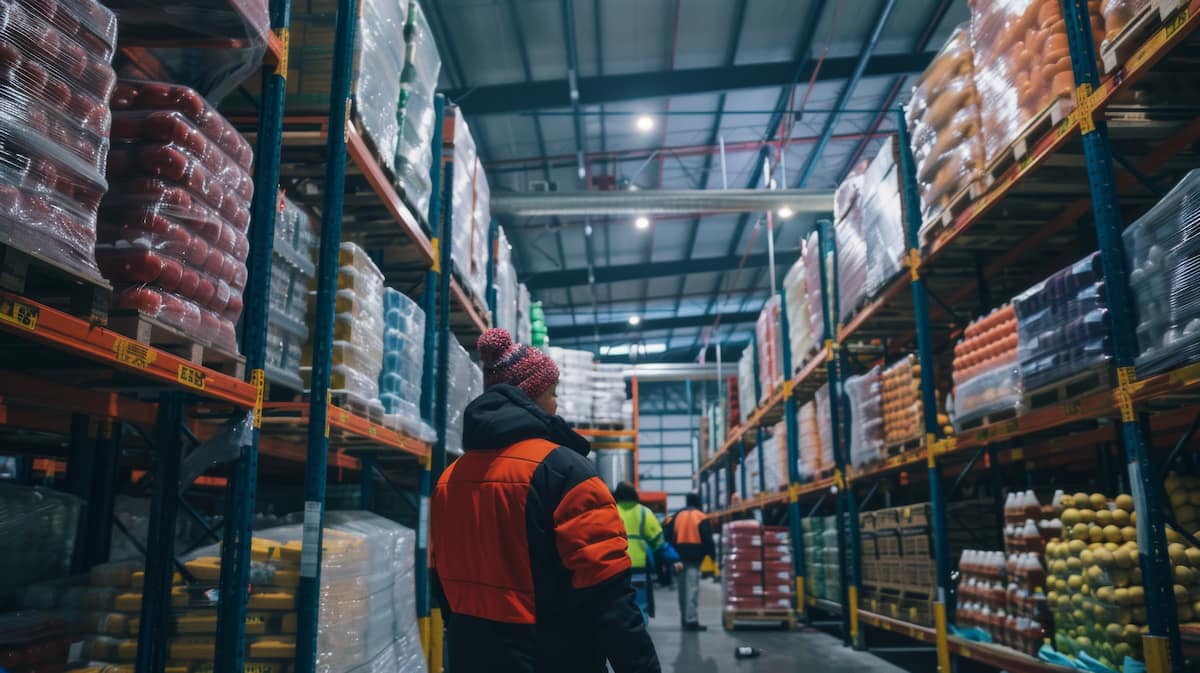 Cold storage warehouse, perishable goods stacked on shelves