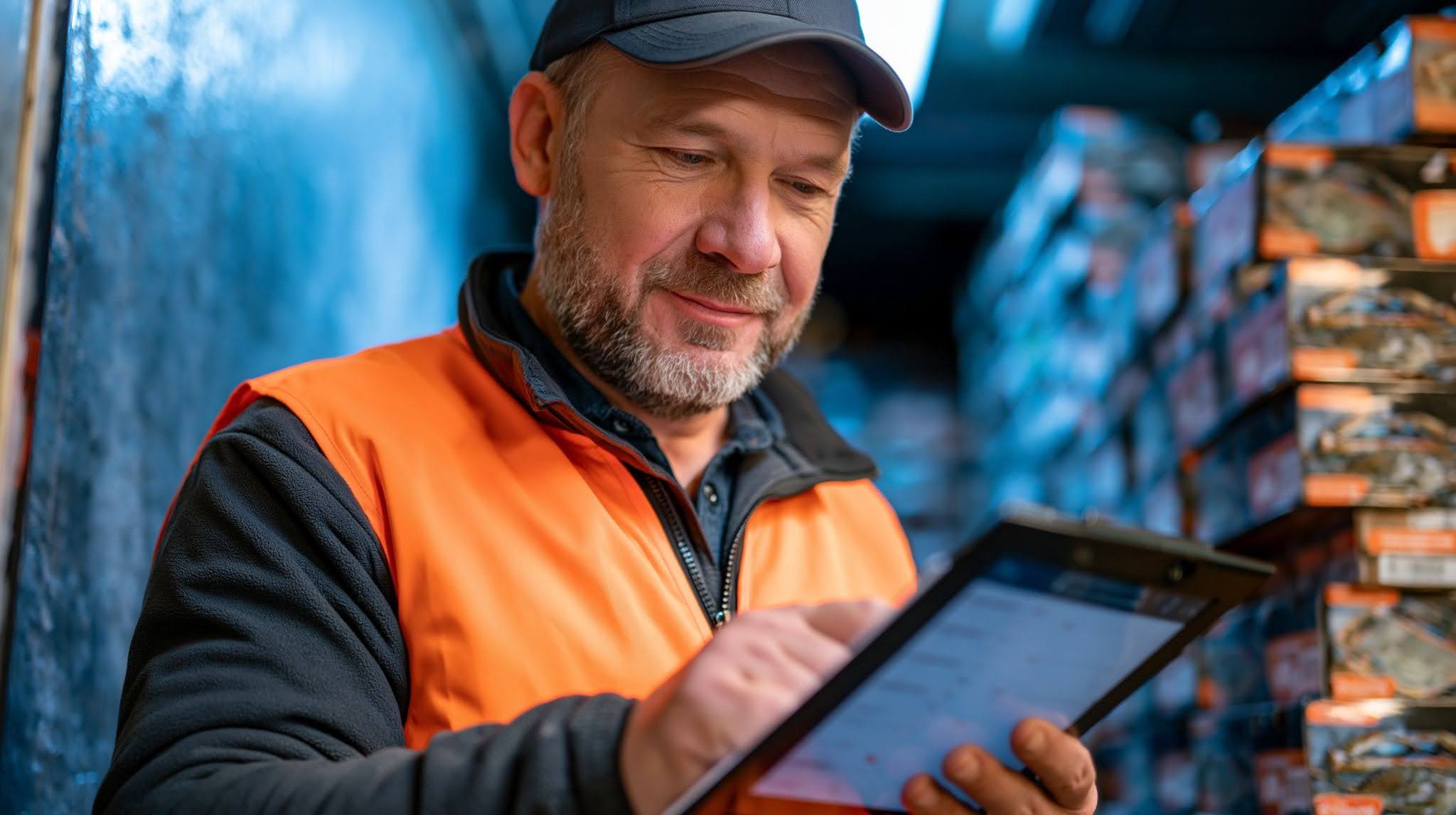 Employee managing inventory in a cold storage warehouse for food and beverage logistics.